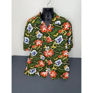 ODO Button Down Shirt Mens XL Green Hibiscus Floral Short Sleeve Hawaiian Aloha